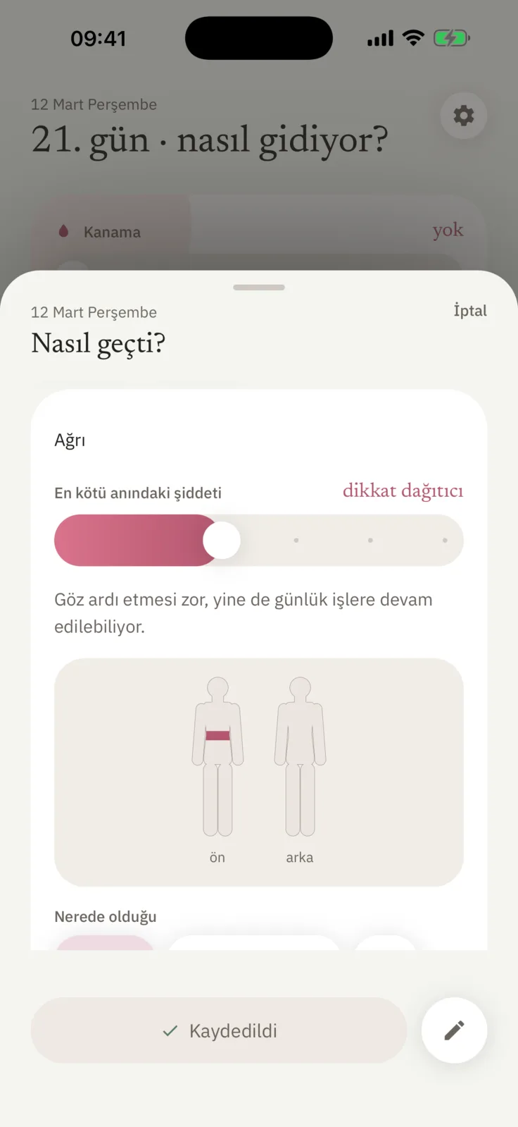 Bugün ekranı, ağrı kartı açıkken